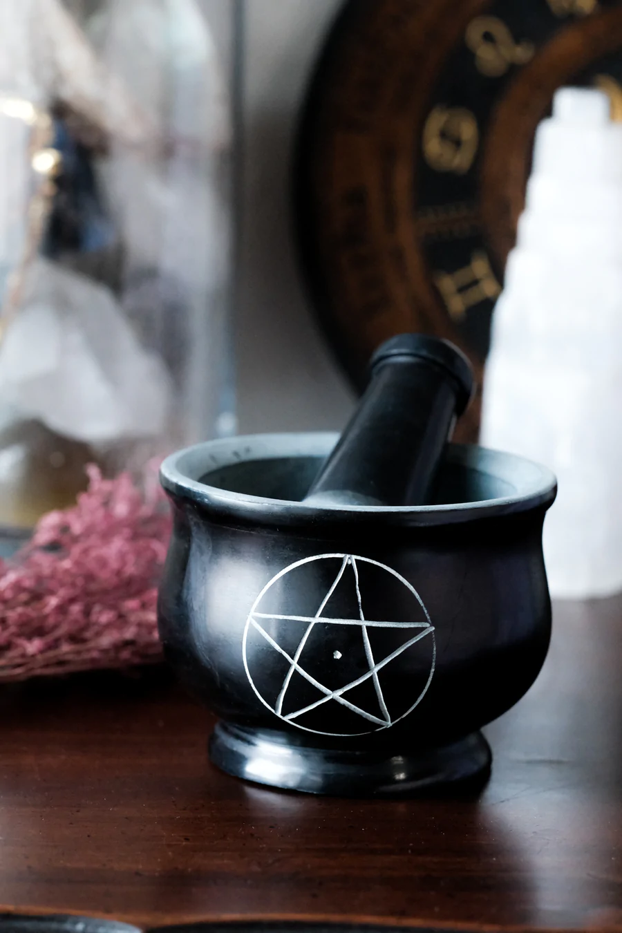 A classic witchy gift, a mortar and pestle is used for grinding herbs in order to make recipes, teas, and incense blends.