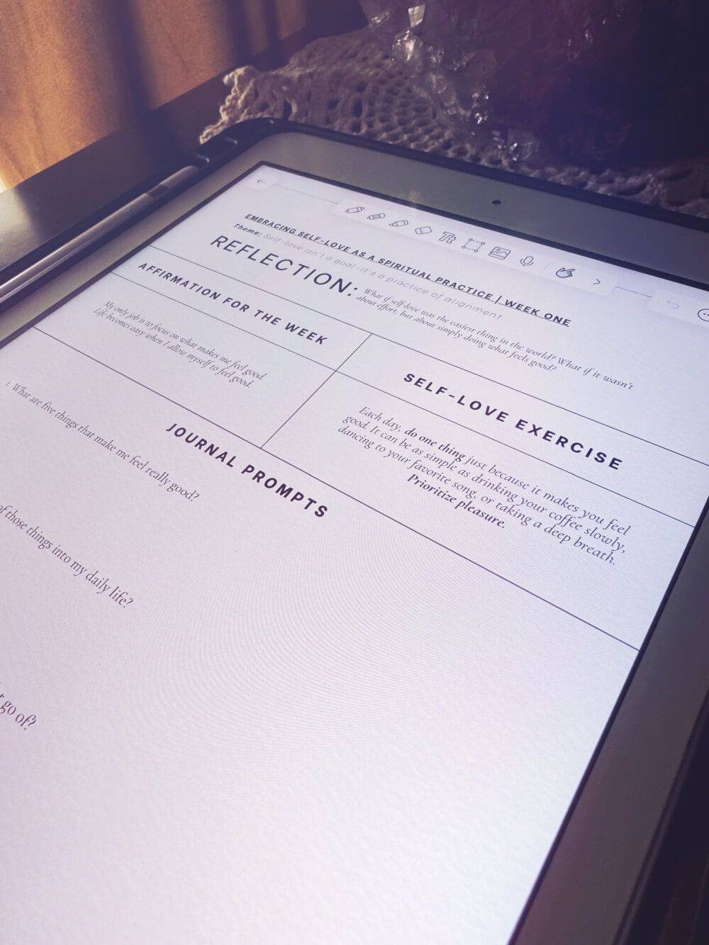 A digital promotional image showcasing the Radical Self-Love Workbook, highlighting its 4-week journey of journaling prompts, intuitive rituals, and inner healing.