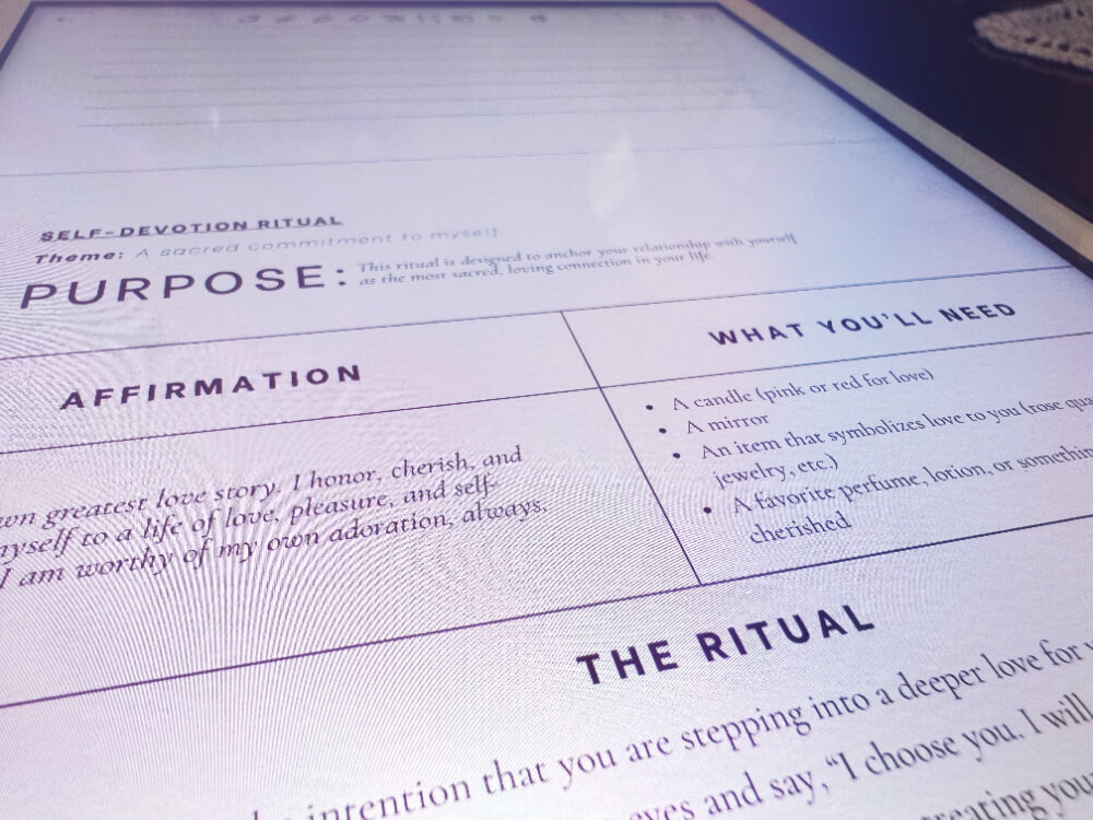 A digital promotional image showcasing the Radical Self-Love Workbook, highlighting its 4-week journey of journaling prompts, intuitive rituals, and inner healing.